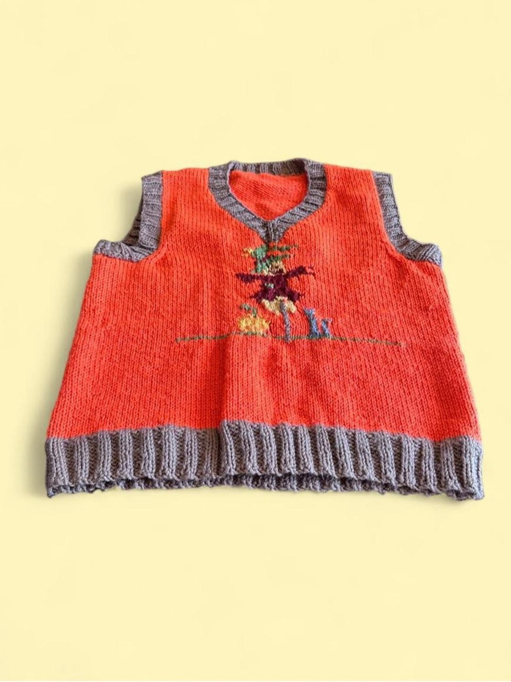 Vintage Autumn Scarecrow Pumpkin Knit Sweater Vest Orange Women’s M